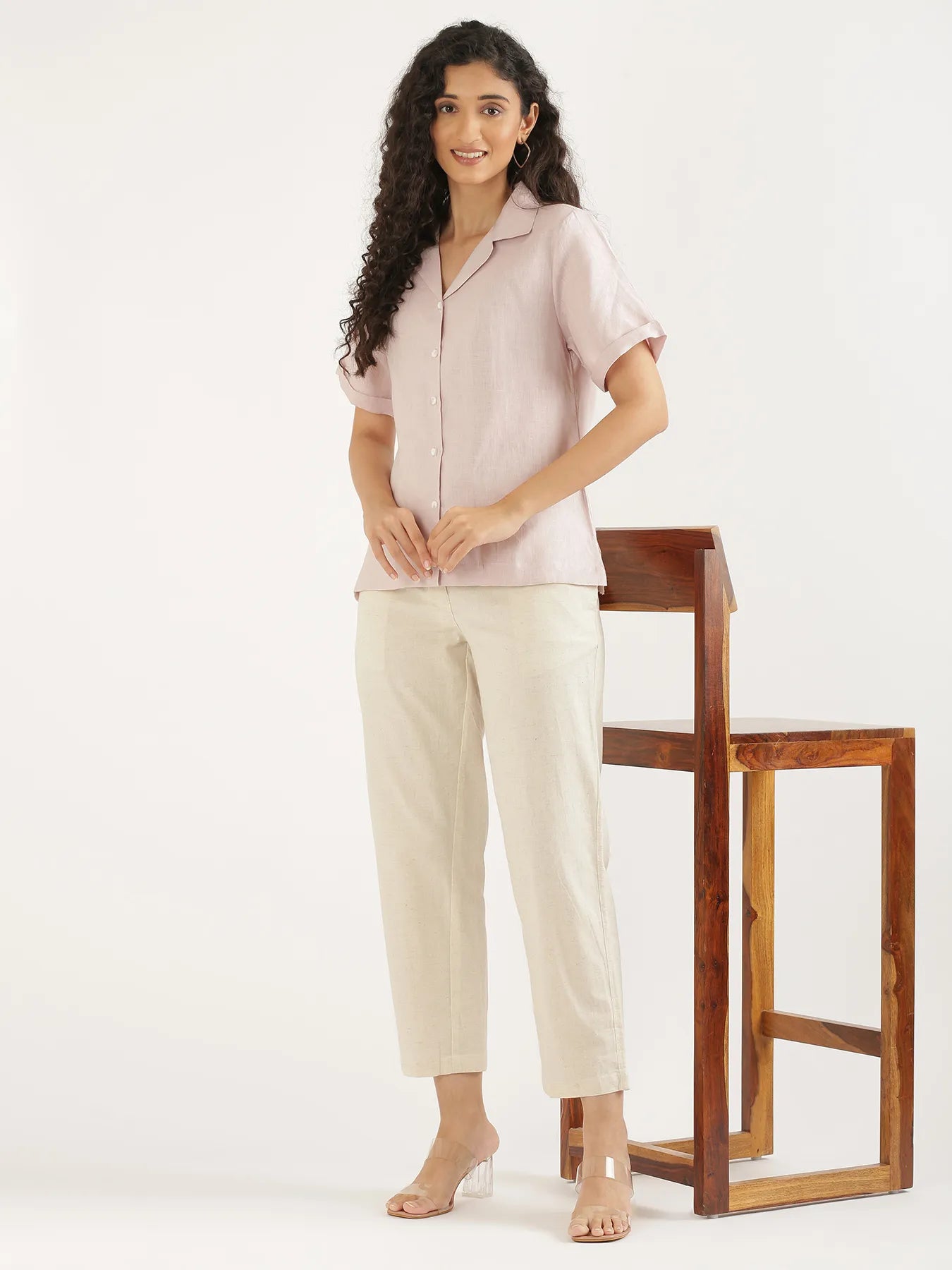 Women Light Pink Pure Linen Notch Collar Shirt