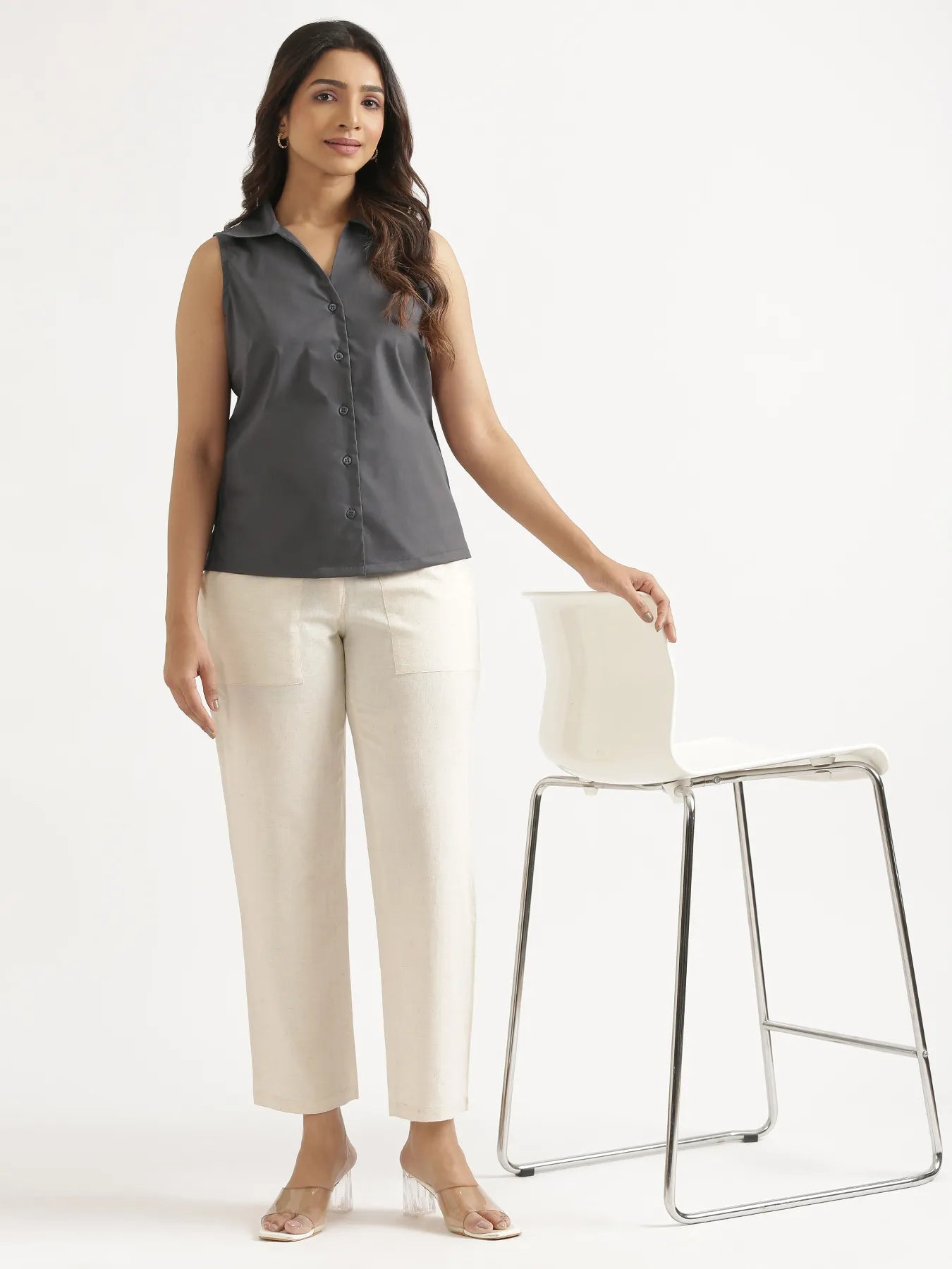 Women Dark Grey Better Cotton Sleeveless Shirt