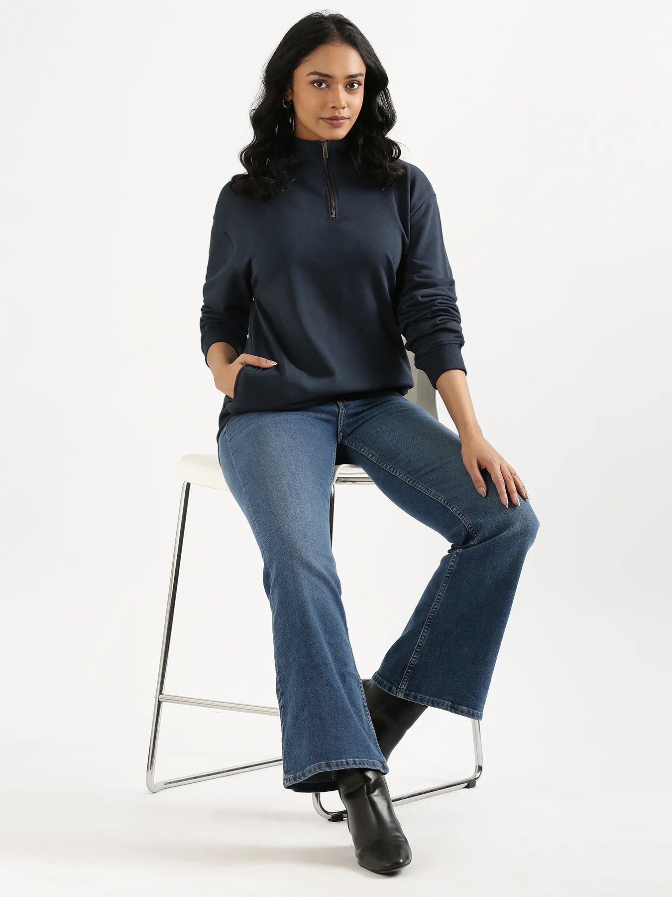 Unisex Navy Blue Zip Neck Sweatshirt