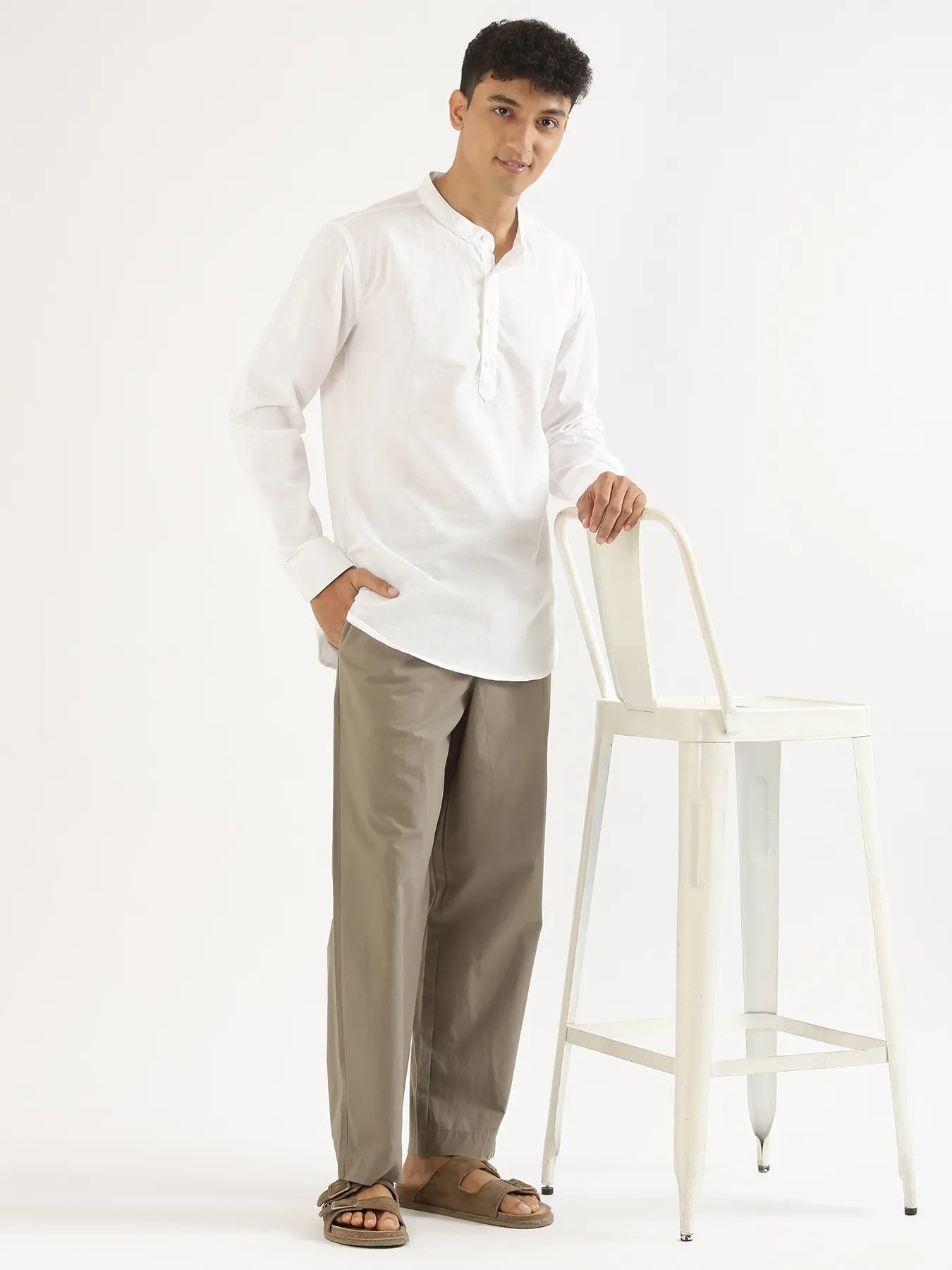 Men White Airy Linen Short Kurta
