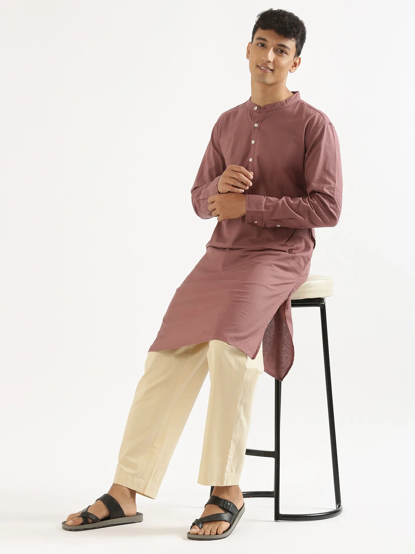 Men Rose Taupe Airy Linen Long Kurta