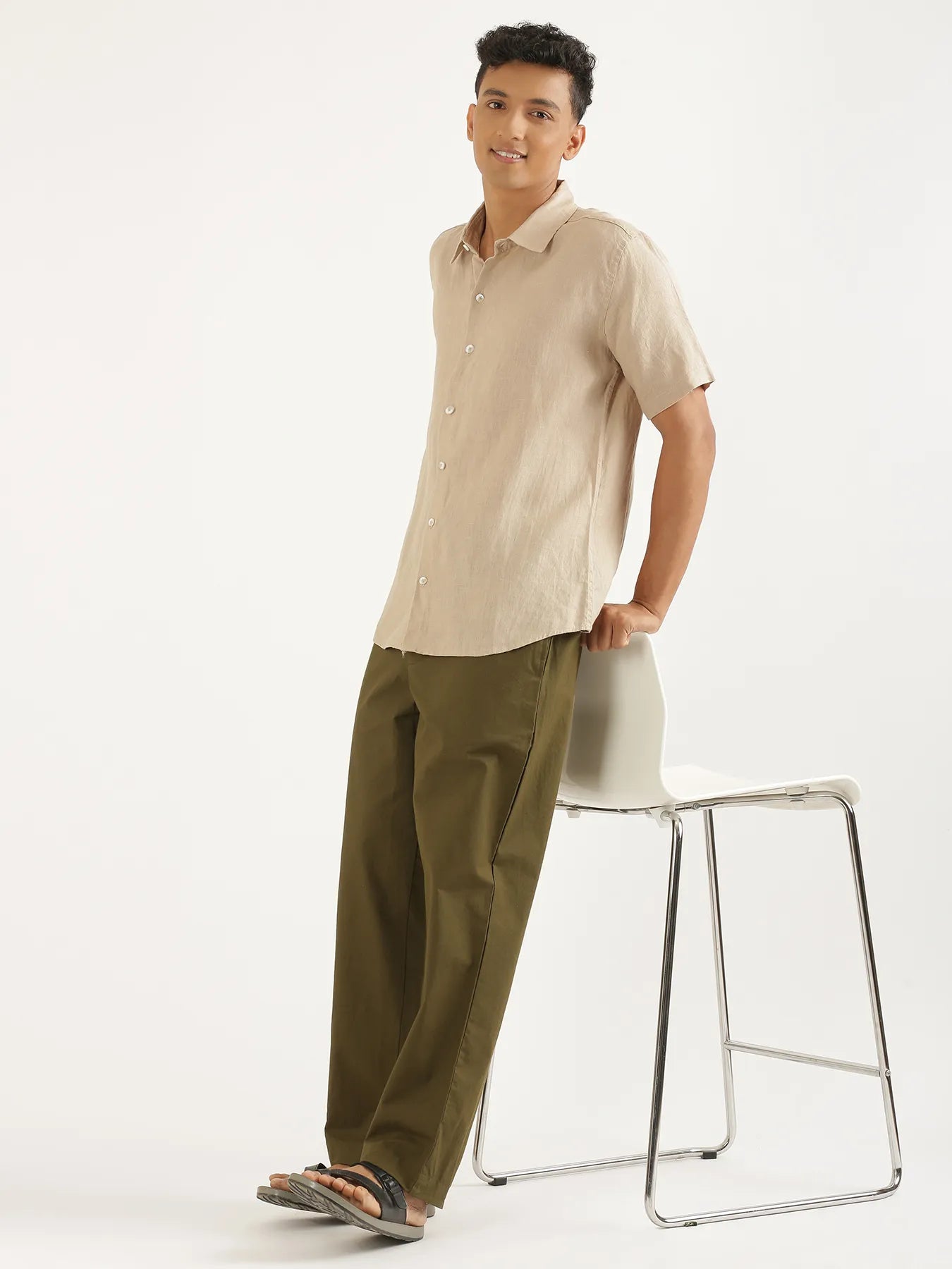 Men Taupe Pure Linen Short Sleeve Shirt