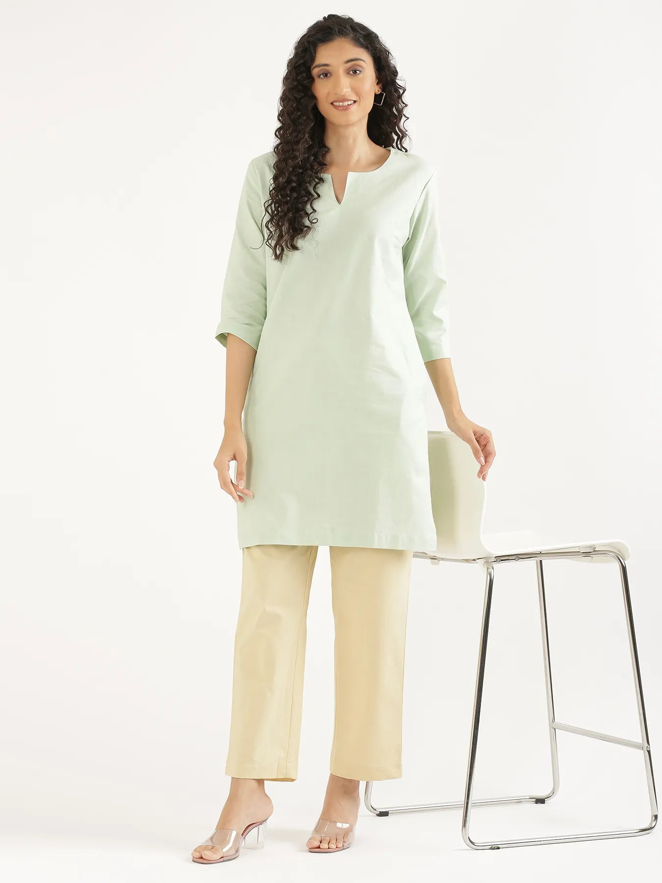 Women Mint Green Airy Linen Mid Thigh Length Kurta