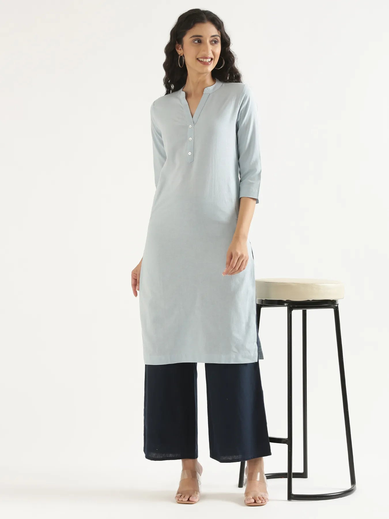 Women Sky Blue Airy Linen Long Kurta