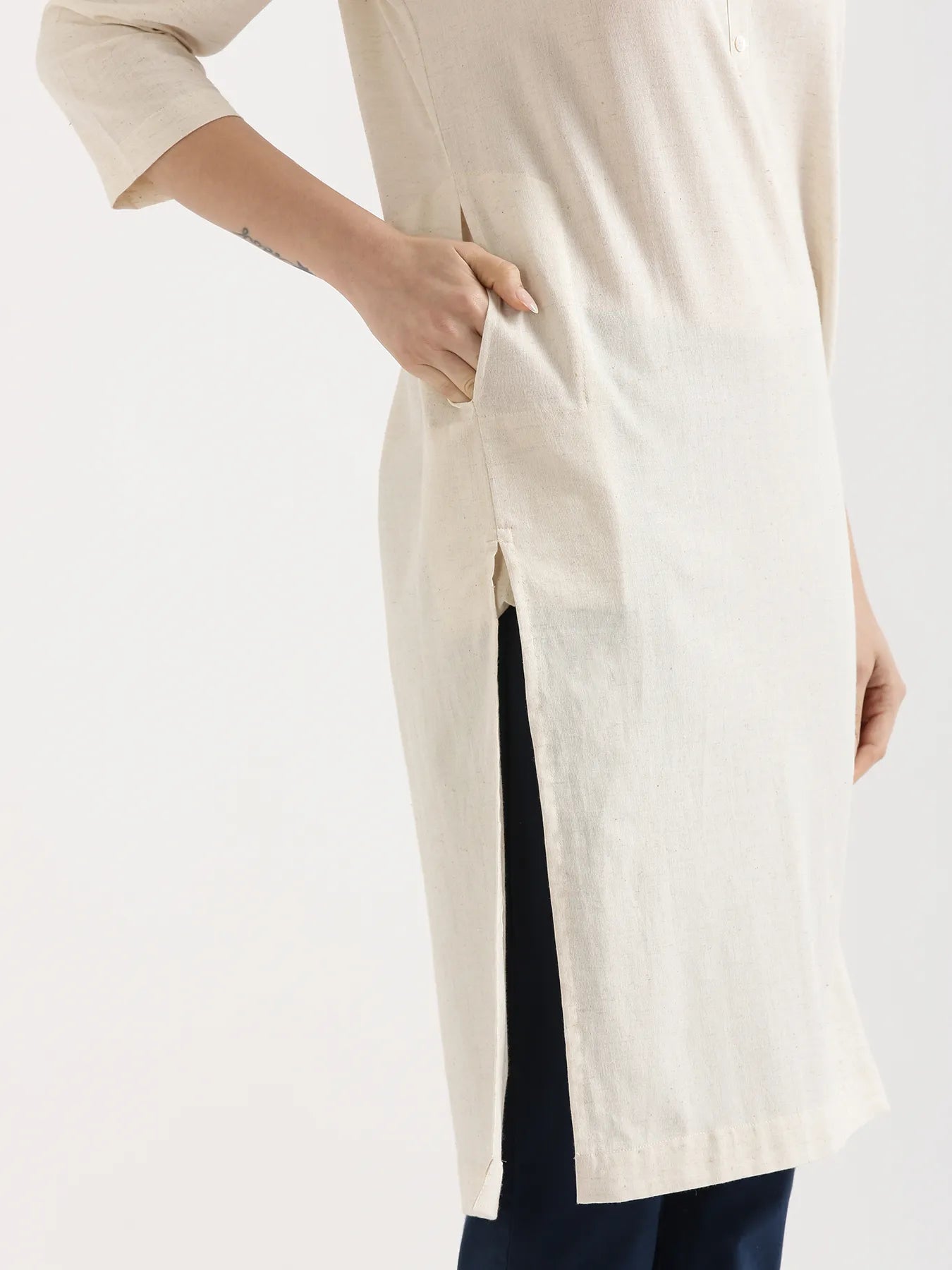 Women Ecru Airy Linen Long Kurta