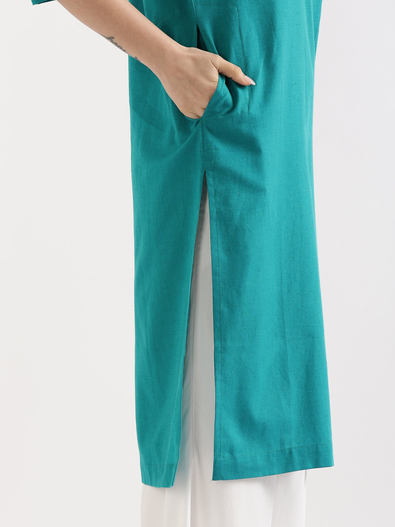 Teal Airy Linen Long Kurta