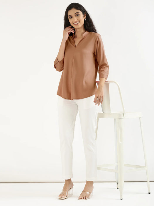 Women Mocha Mousse Viscose Pleated Top