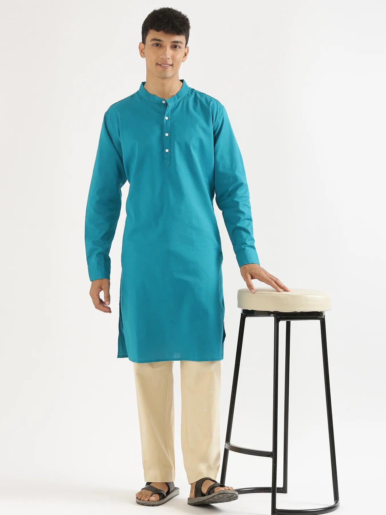 Men Teal Airy Linen Long Kurta