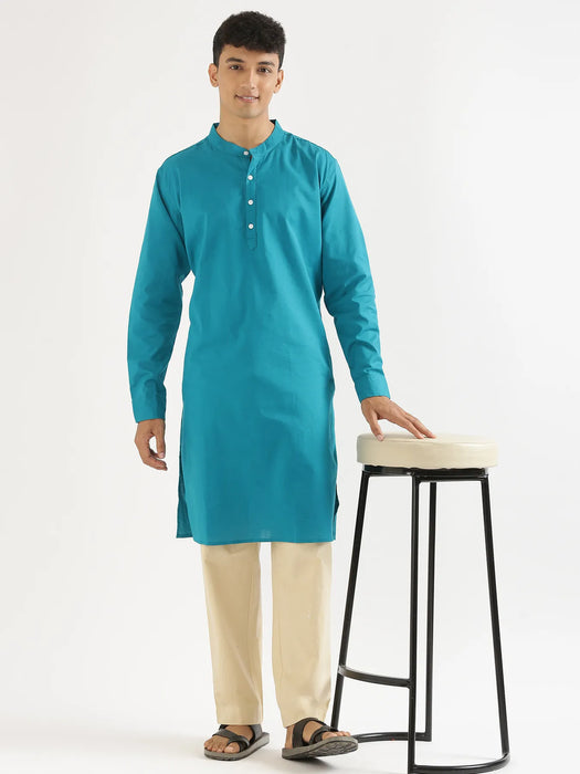 Men Teal Airy Linen Long Kurta