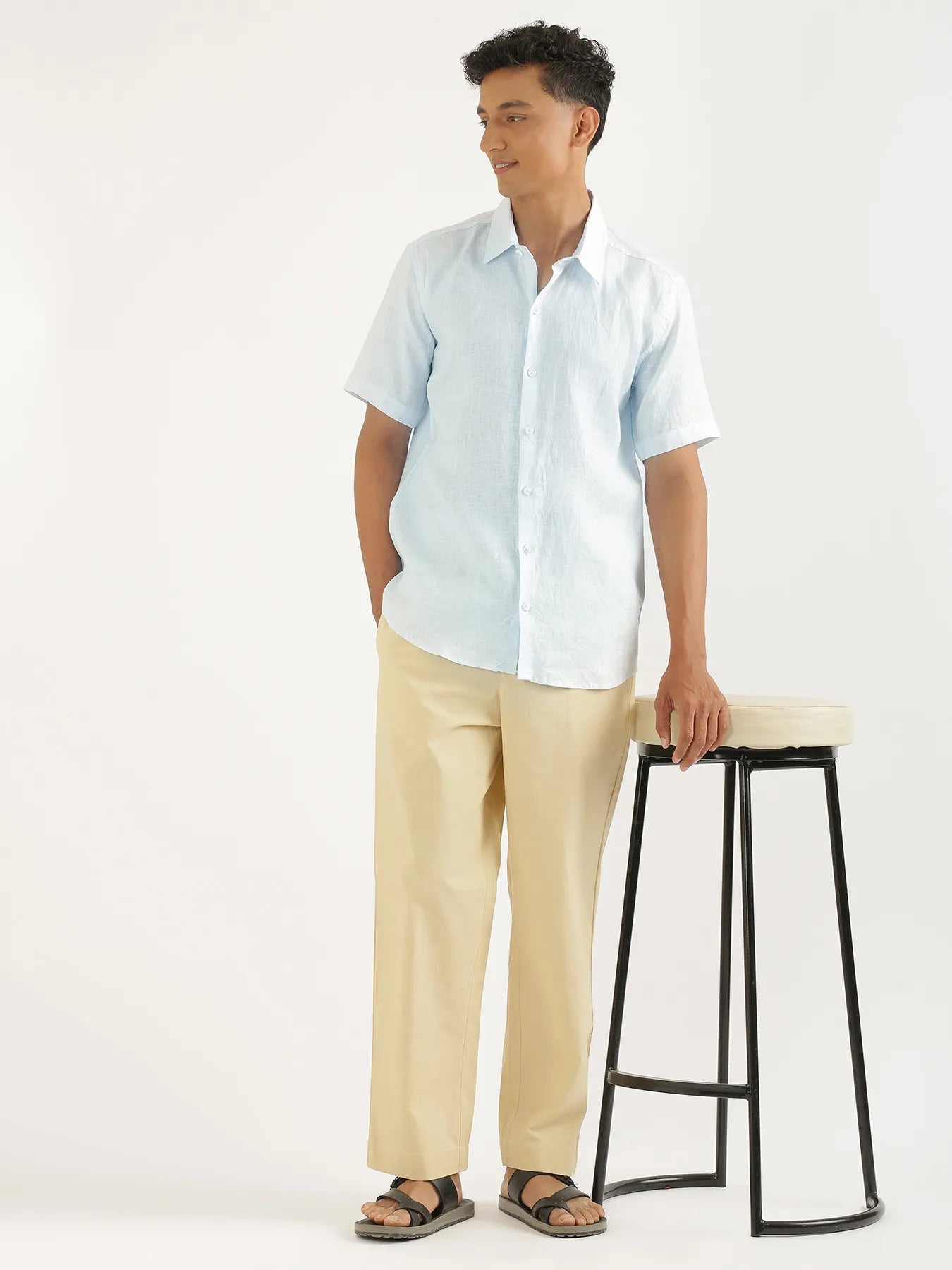 Men Light Blue Pure Linen Short Sleeve Shirt