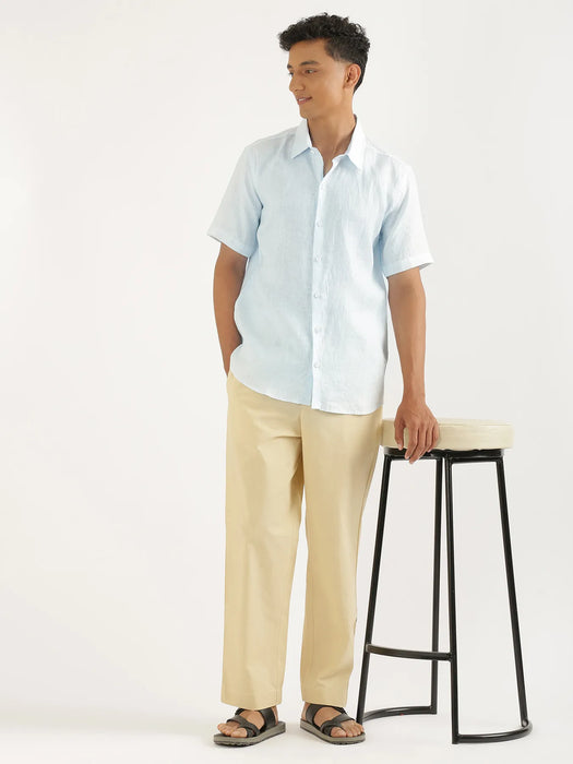 Men Light Blue Pure Linen Short Sleeve Shirt