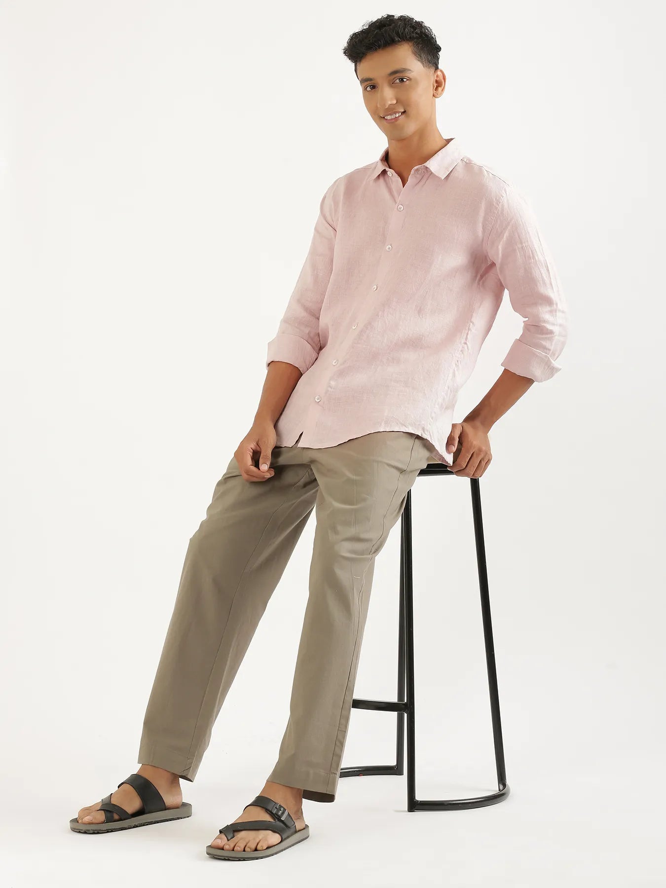 Men Light Pink Pure Linen Full Sleeve Shirt