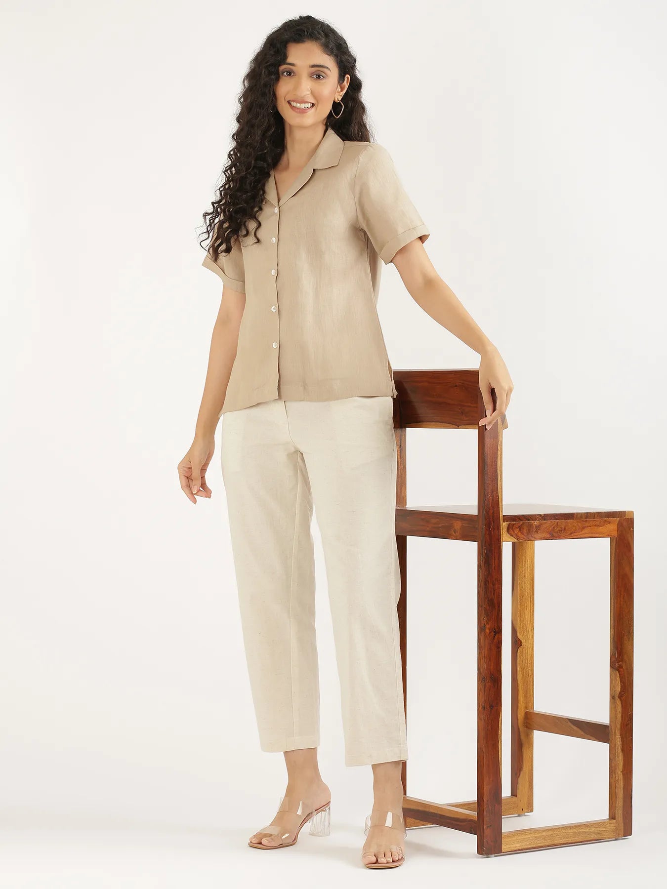 Women Taupe Pure Linen Notch Collar Shirt