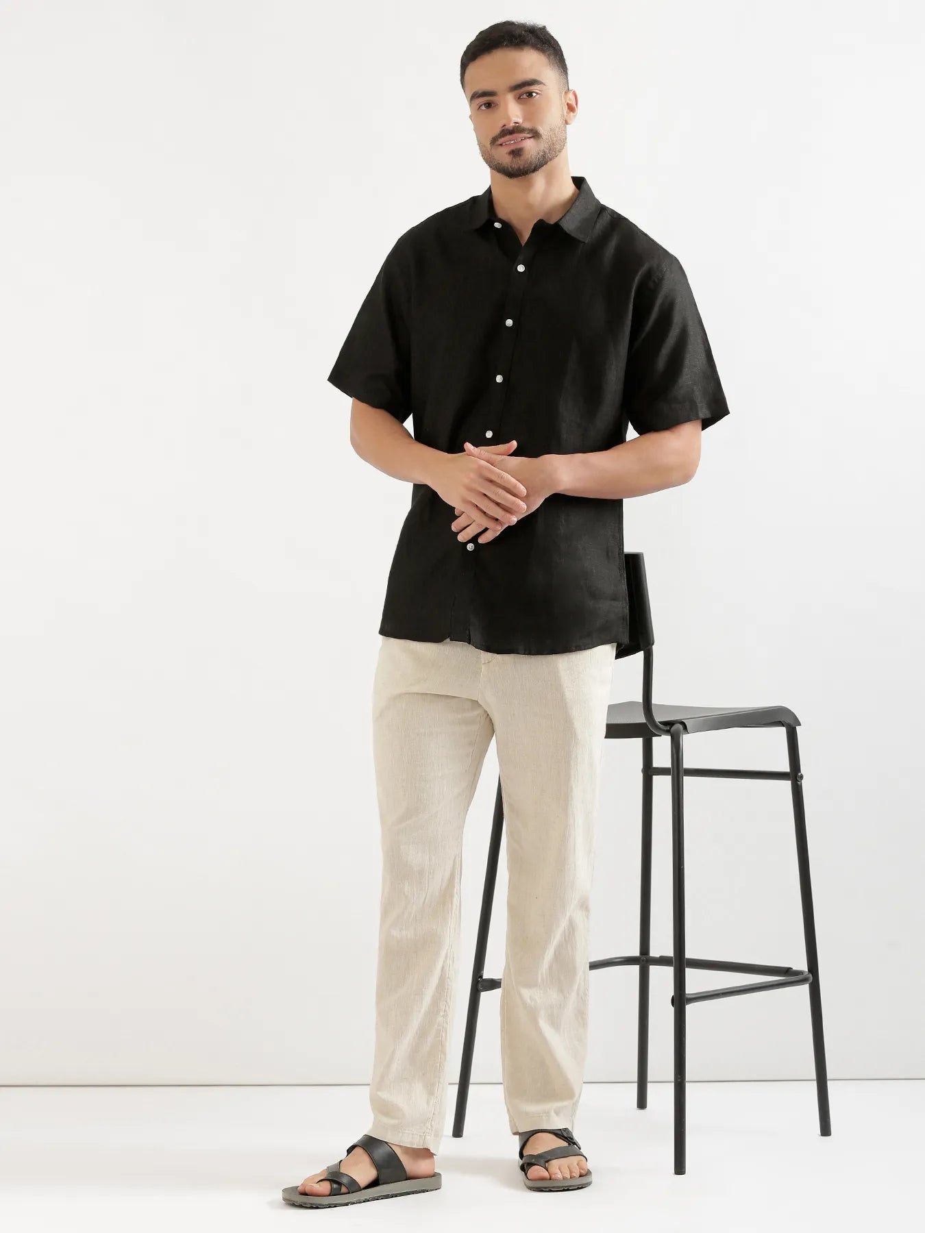 Men Black 100% Linen Half Sleeve Shirt