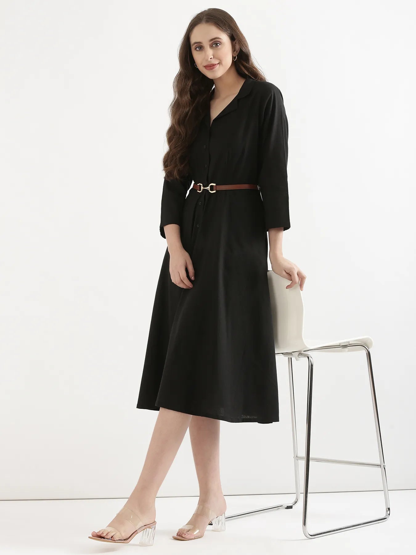 Women Black Airy Linen Flared Dress