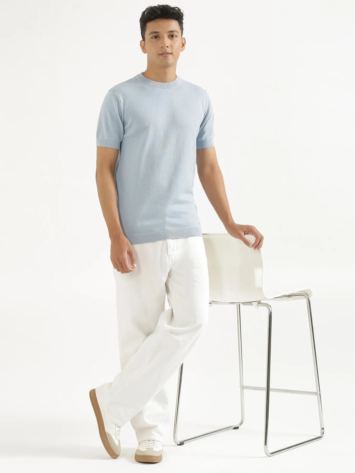 Men Light Blue Flat Knit Round Neck T-shirt