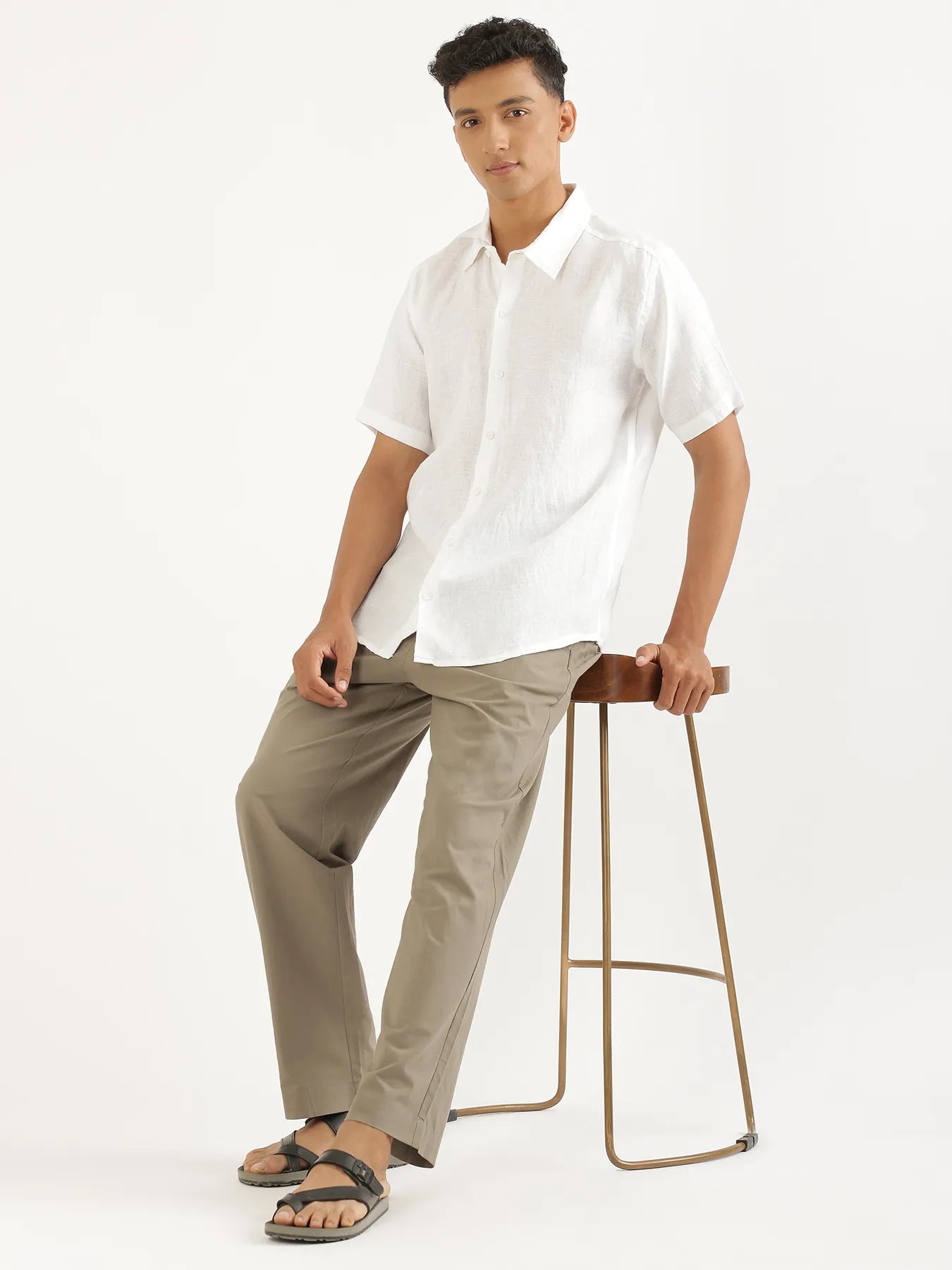 Men White Pure Linen Short Sleeve Shirt