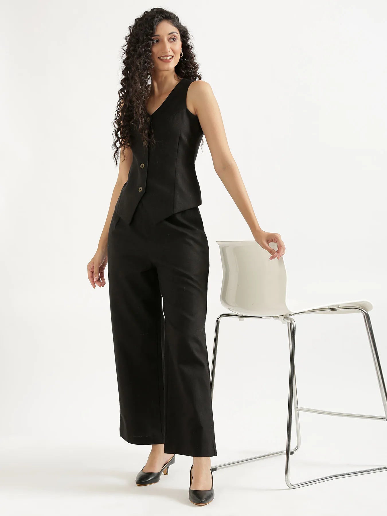 Women Black Linen Blend Waist Coat