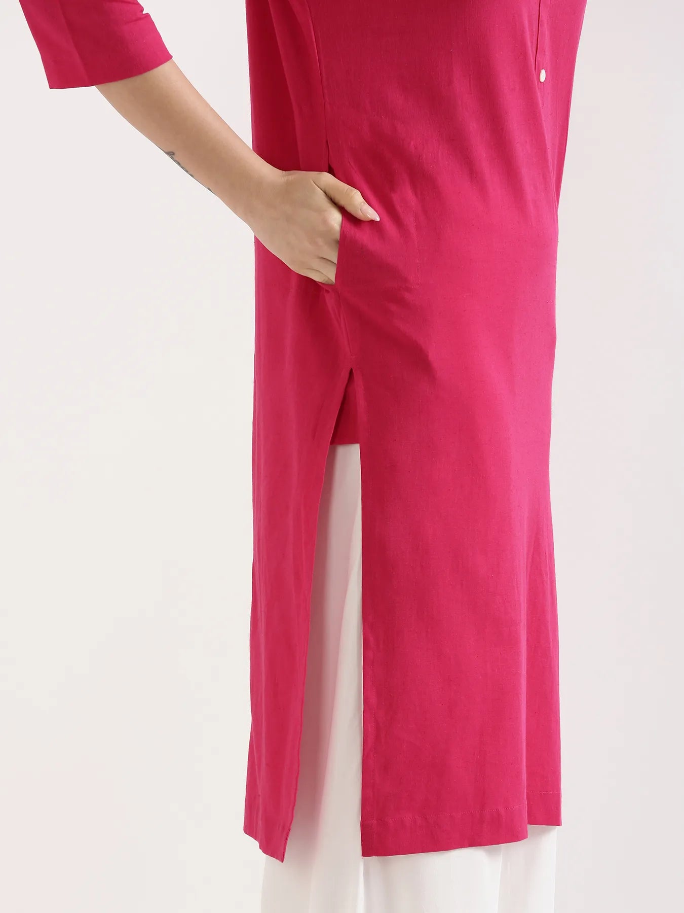 Women Hot Pink Airy Linen Long Kurta & White Viscose Palazzo Pant Set