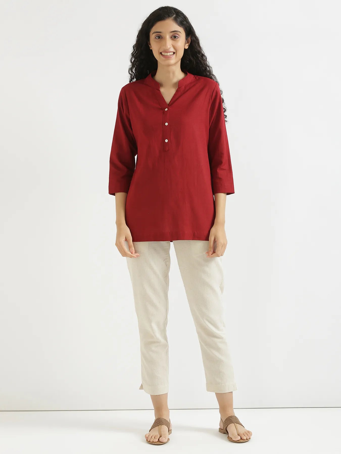 Women Maroon Airy Linen Short Kurta