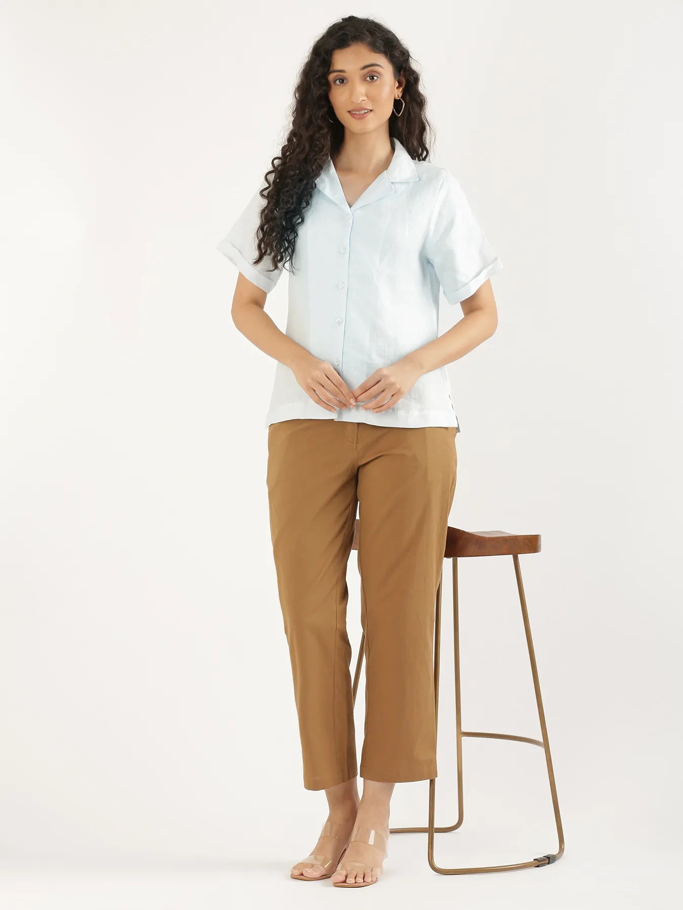 Women Light Blue Pure Linen Notch Collar Shirt
