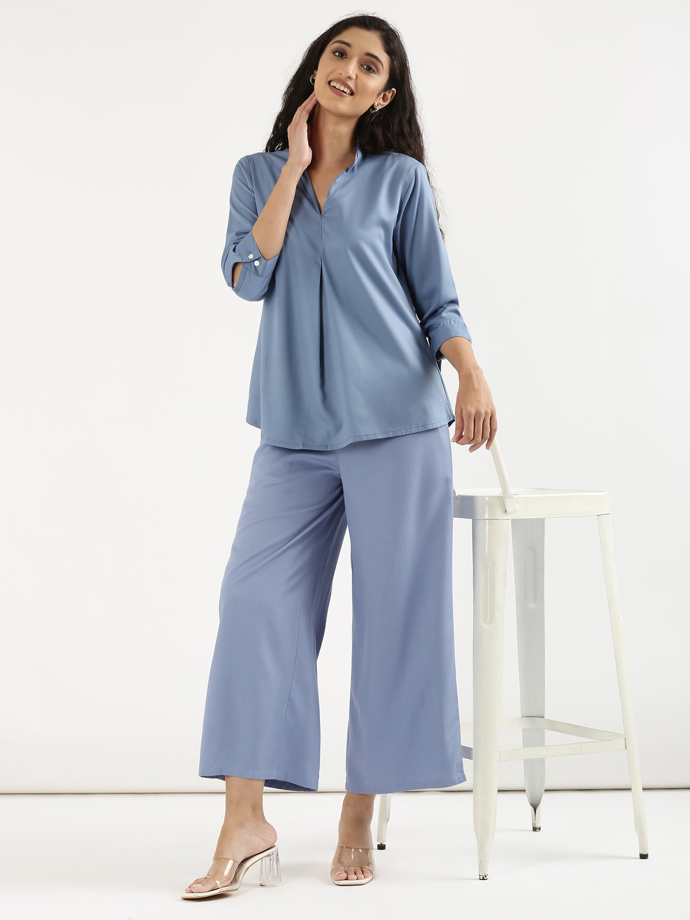 English Blue Viscose Pleated Top