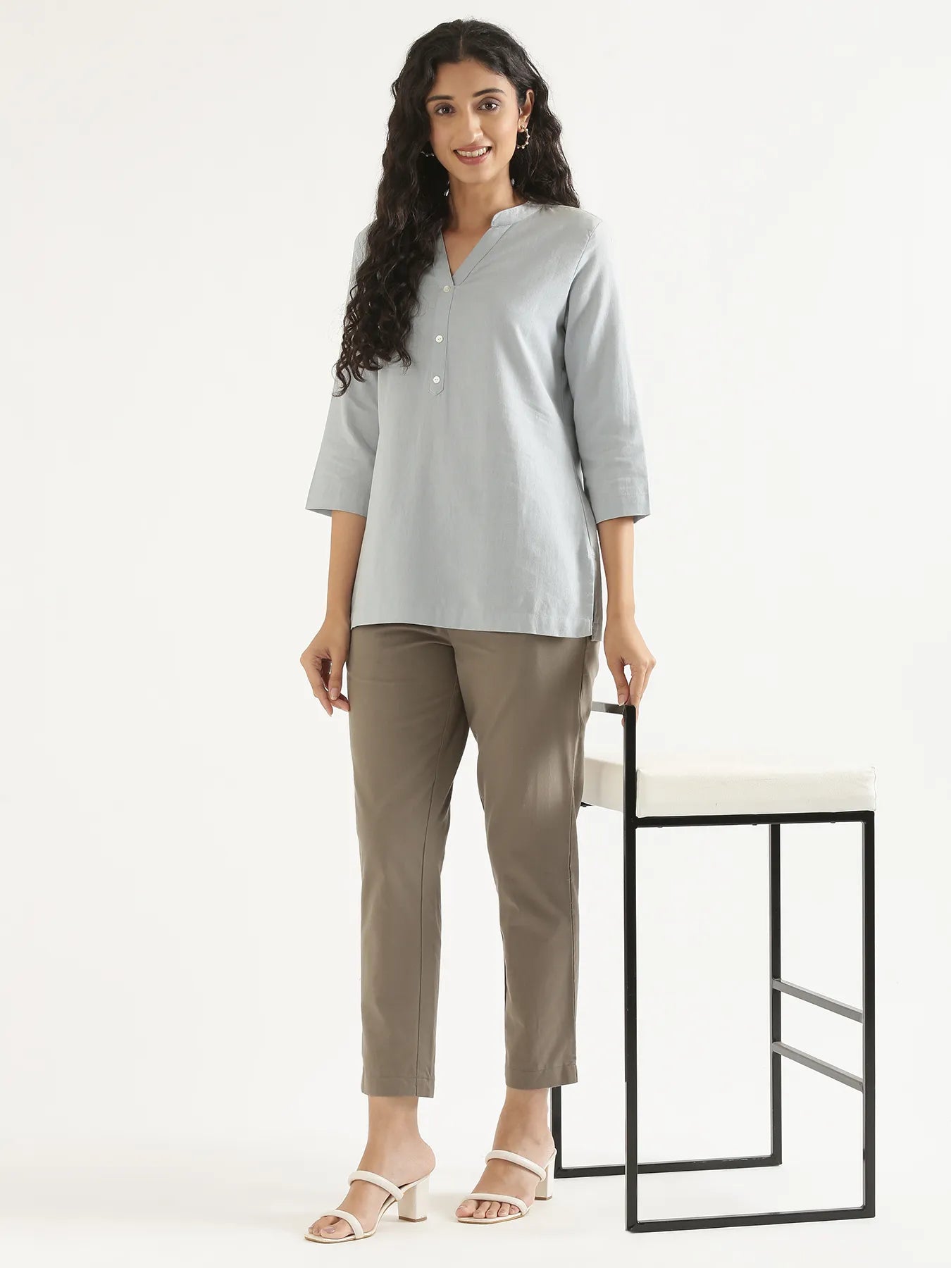 Women Sky Blue Airy Linen Short Kurta & Grey Cotton Pant Set