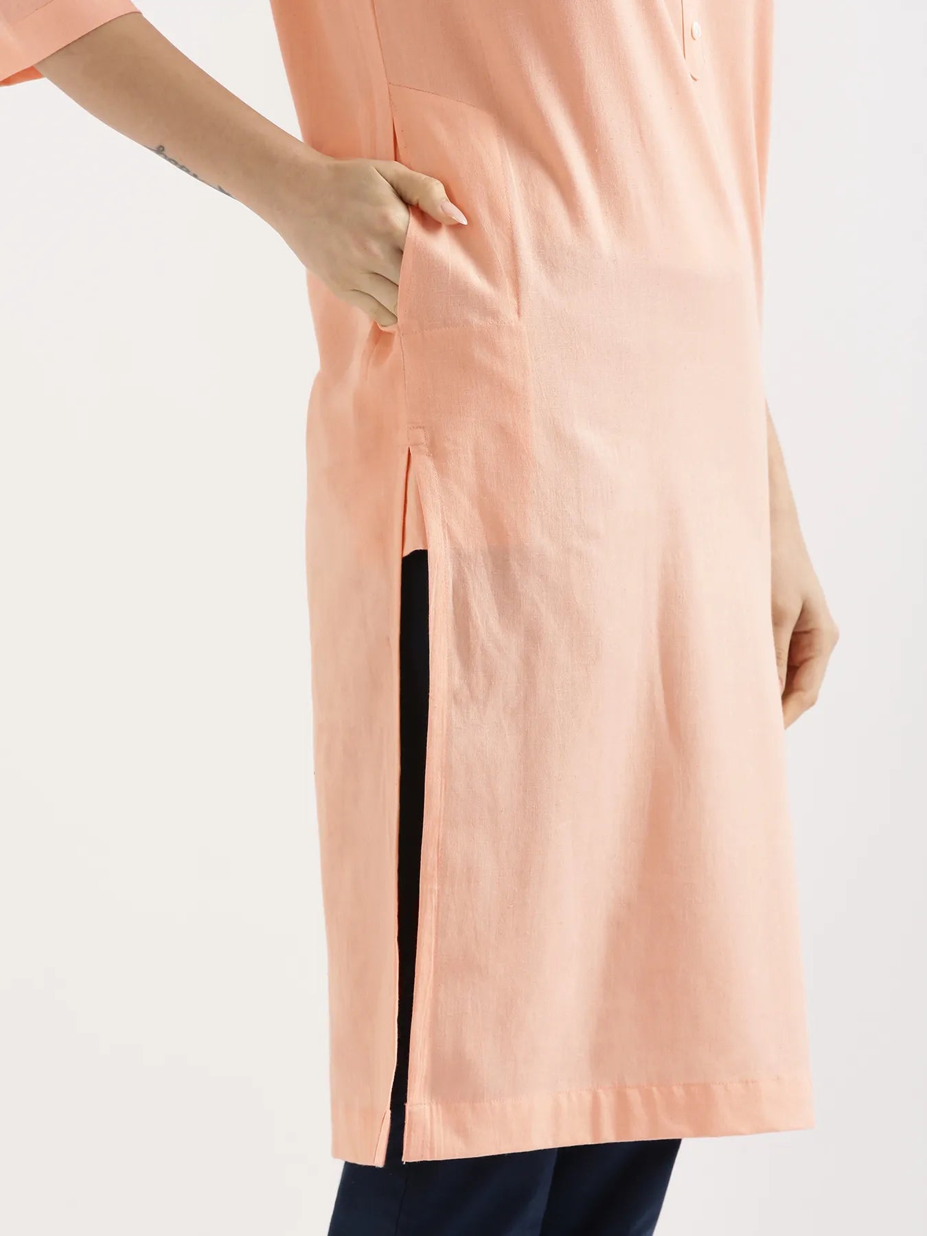 Women Peach Airy Linen Long Kurta