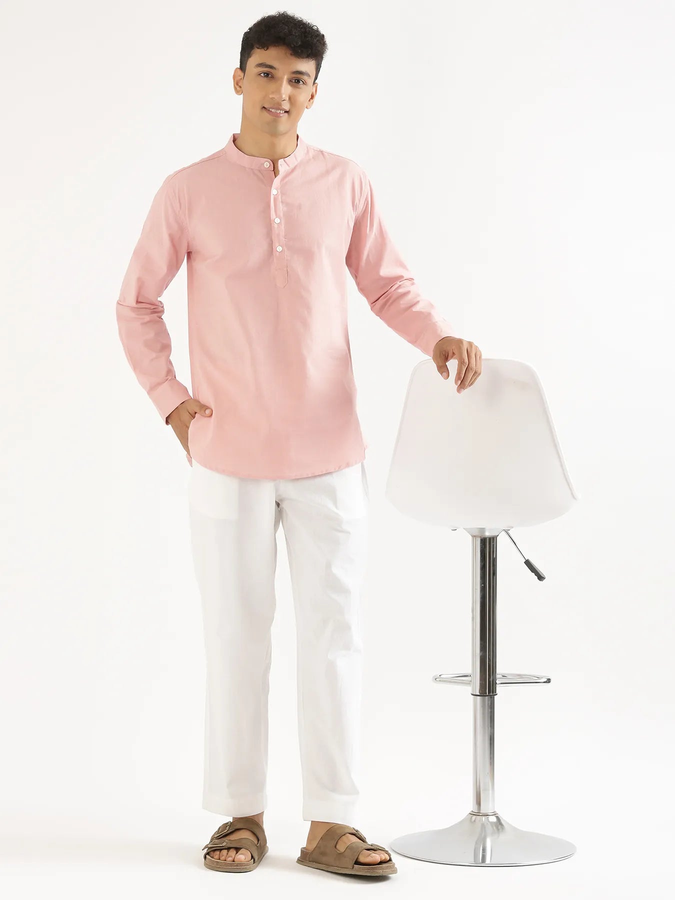 Men Salmon Pink Airy Linen Short Kurta