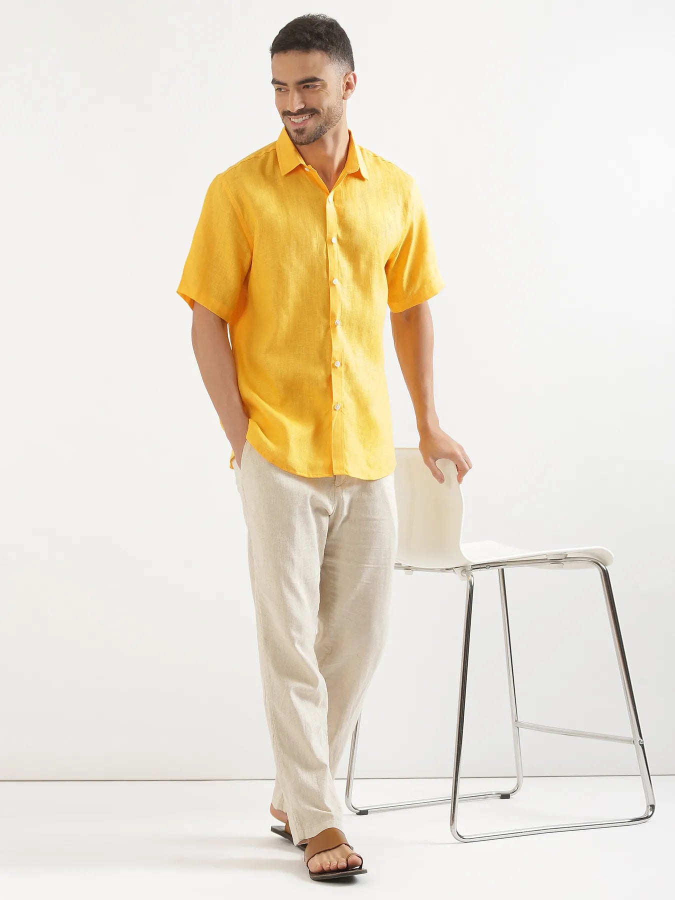 Men Mango Yellow 100% Linen Half Sleeve Shirt