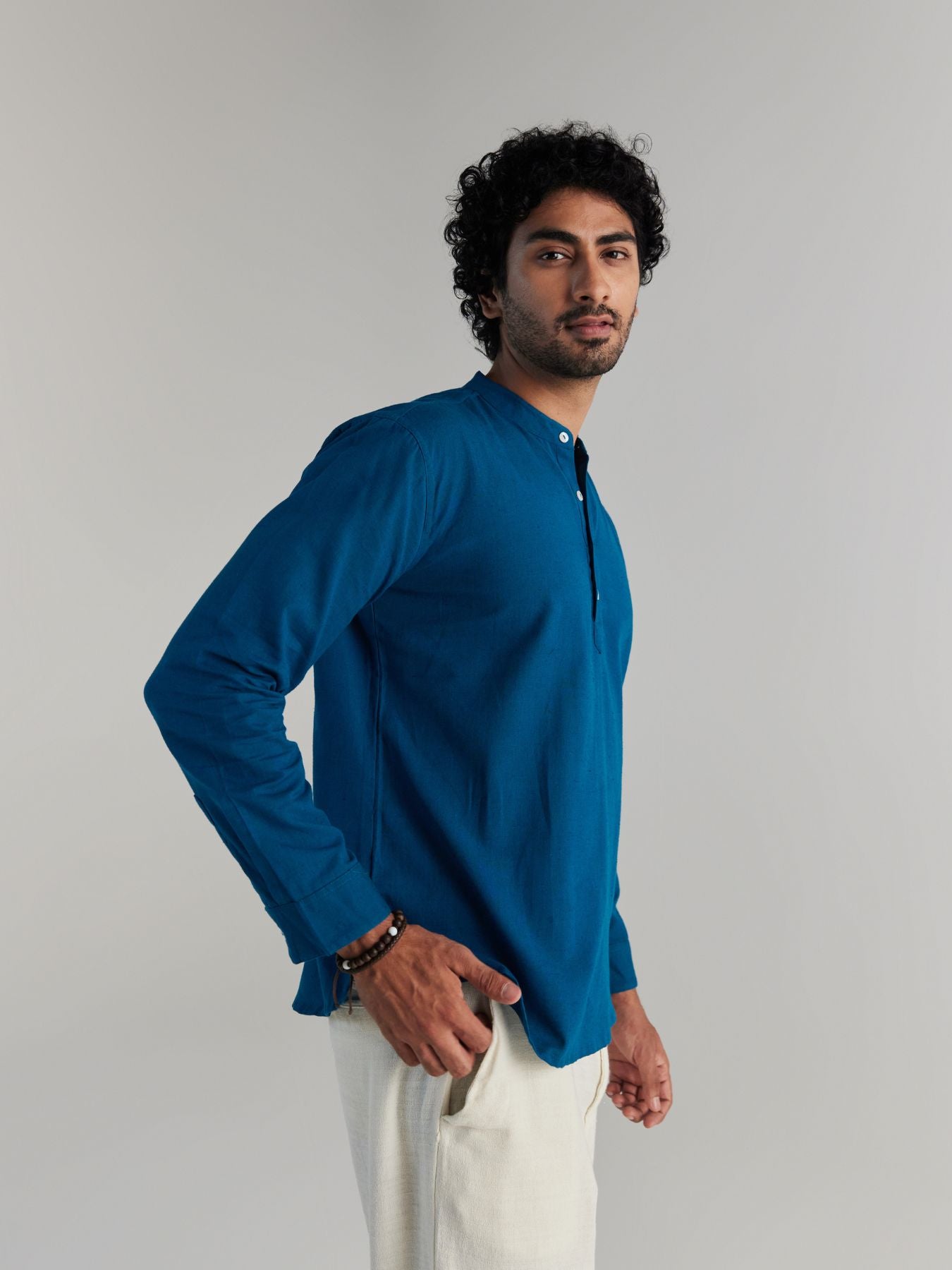 Men Turquoise Airy Linen Short Kurta