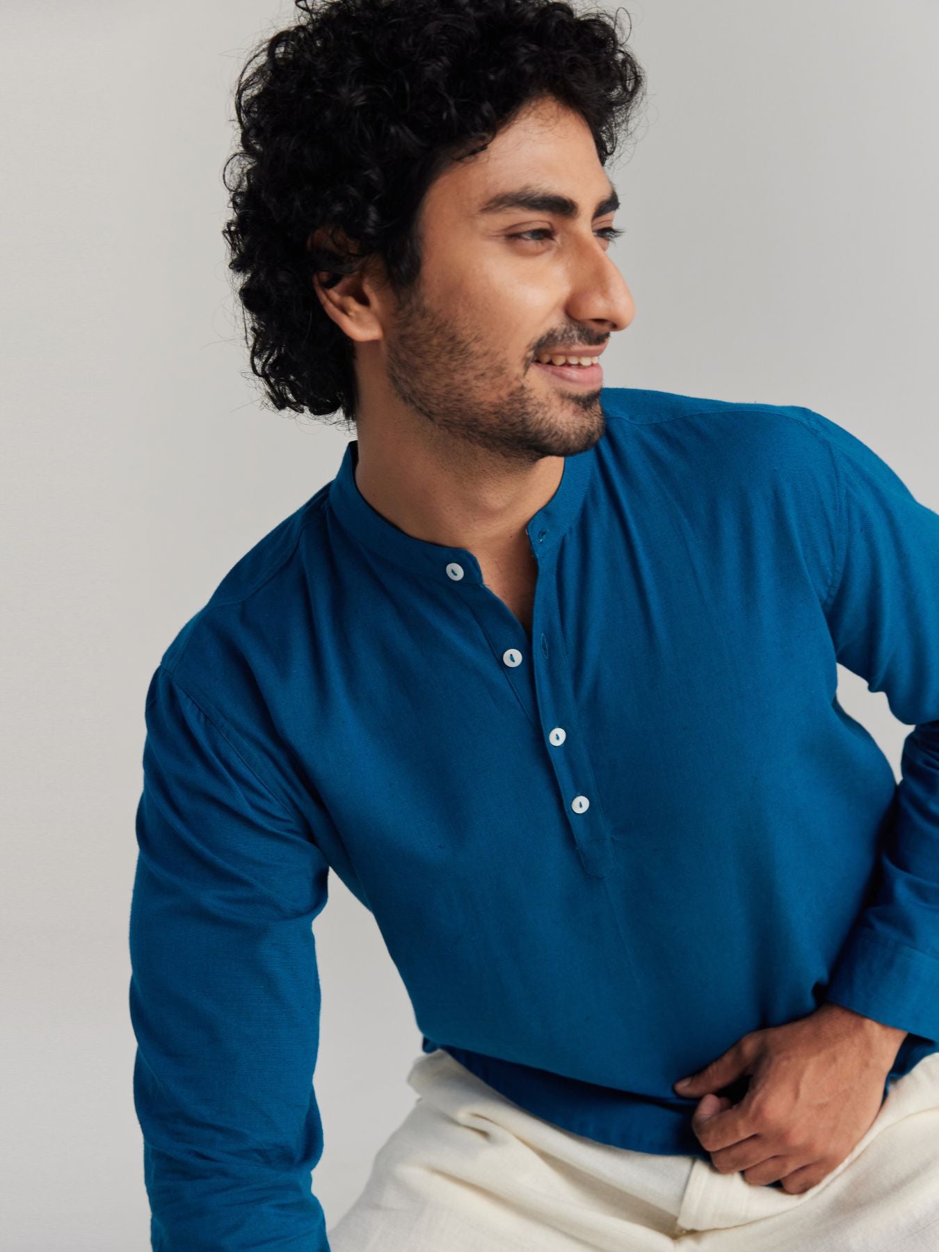 Men Turquoise Airy Linen Short Kurta