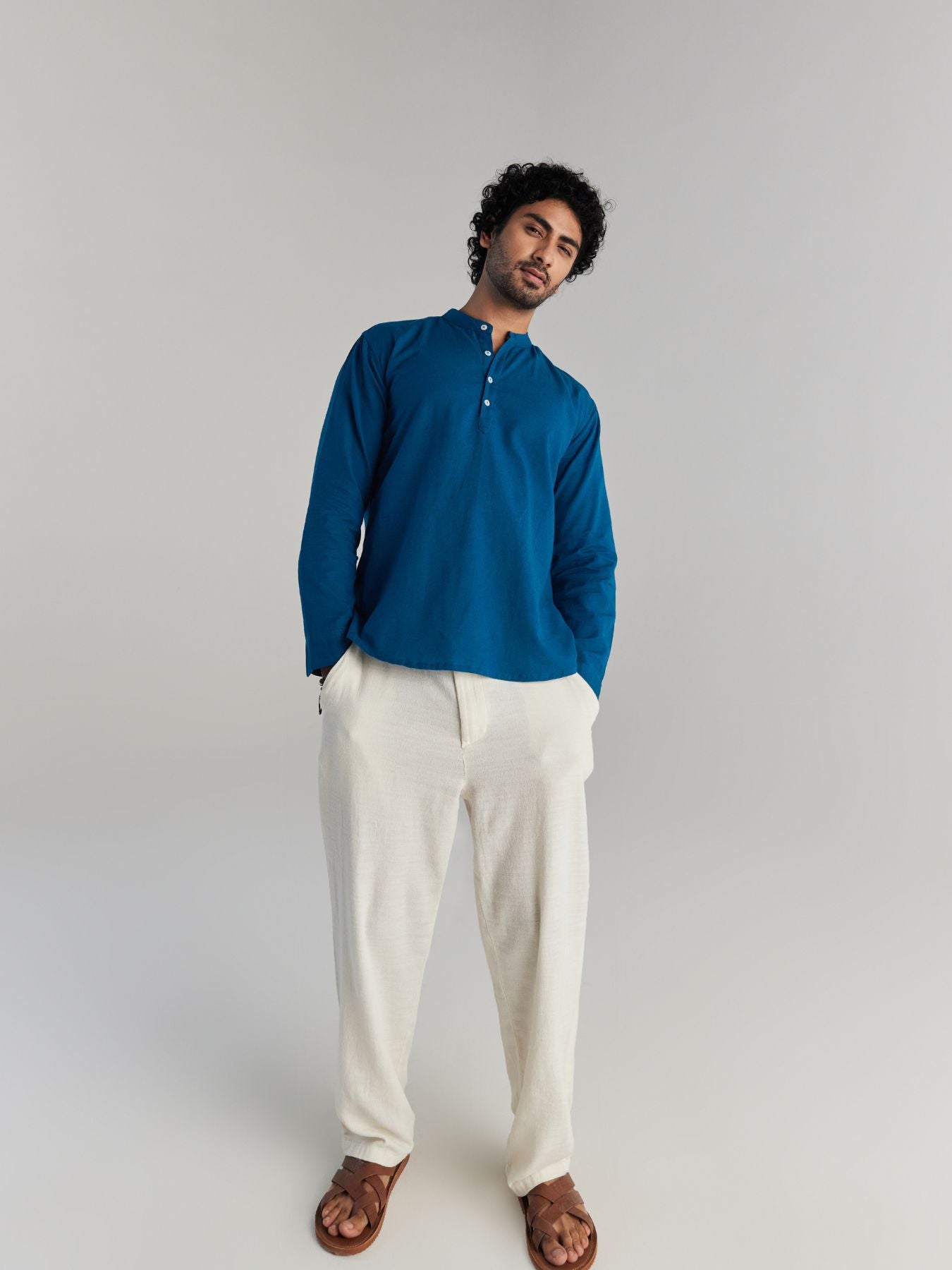 Men Turquoise Airy Linen Short Kurta