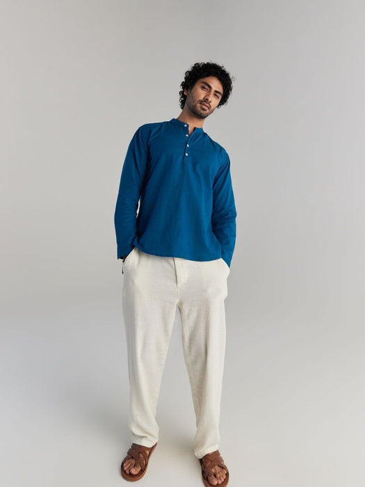 Men Turquoise Airy Linen Short Kurta
