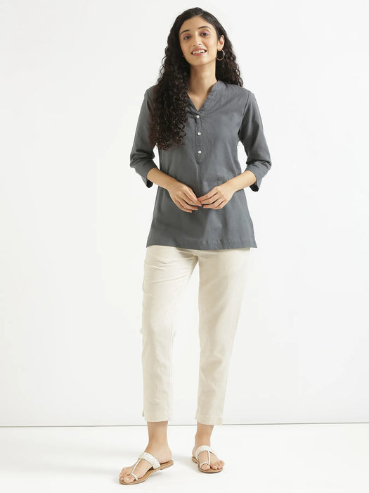 Women Slate Grey Airy Linen Short Kurta