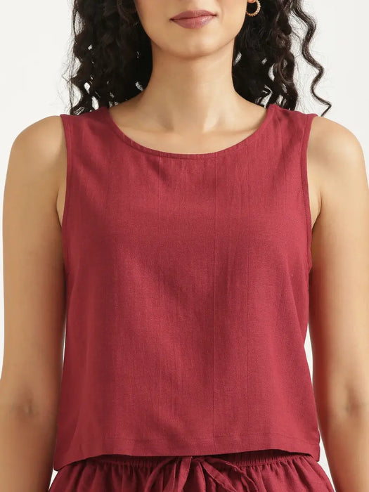 Women Maroon Flowy Linen Crop Top