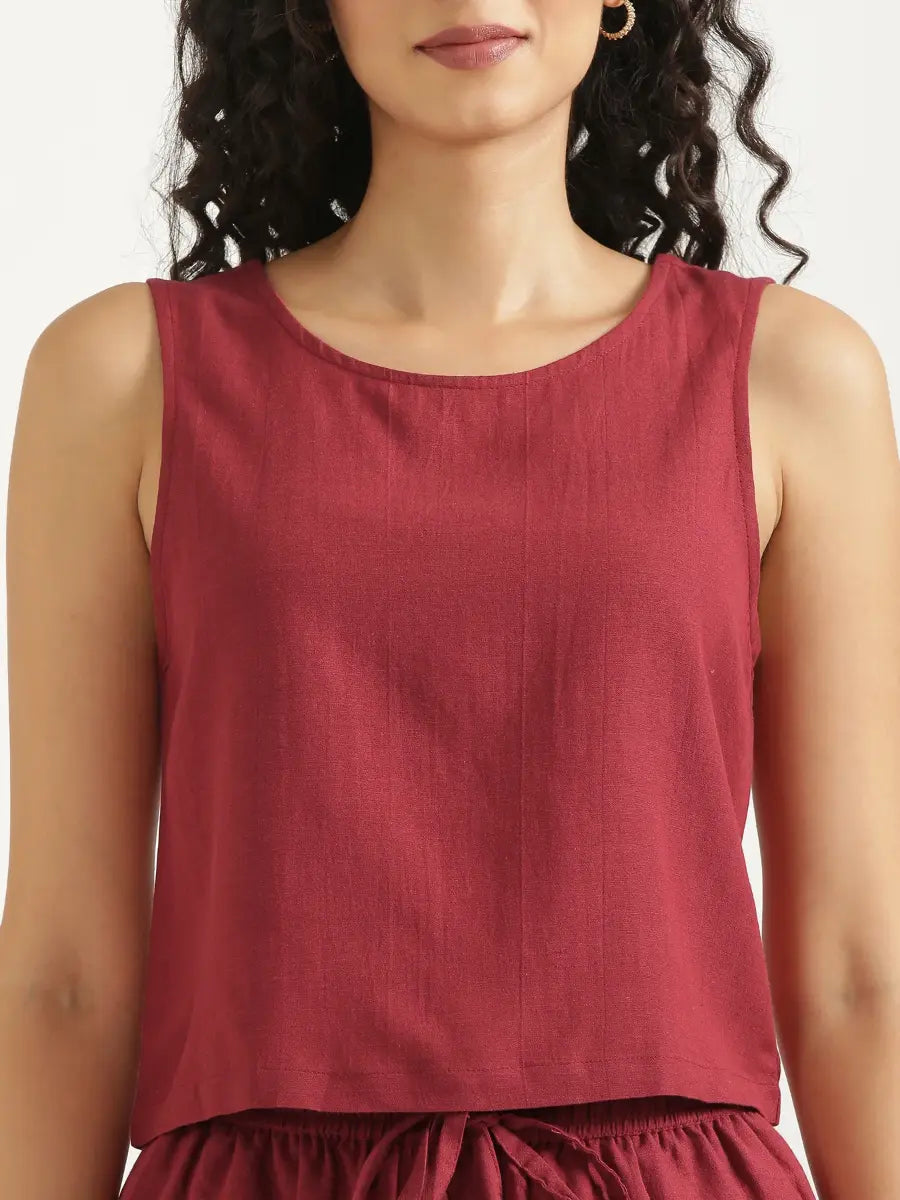 Women Maroon Flowy Linen Crop Top