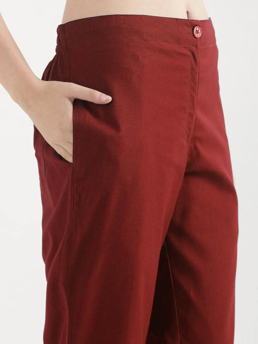 Women Maroon Airy Linen Straight Pants
