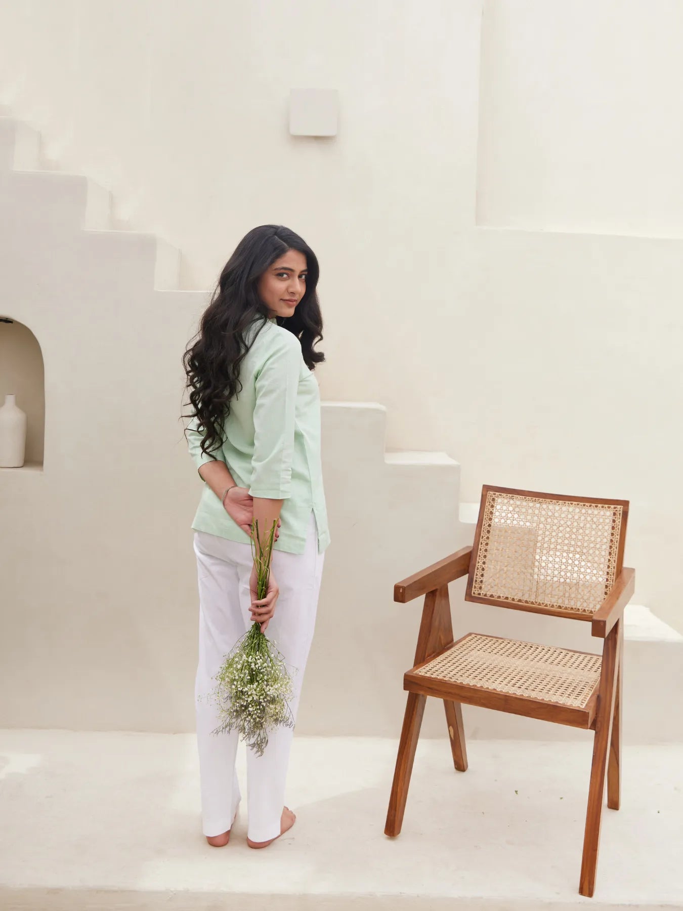 Mint Green Short Kurta with White Cotton Pant
