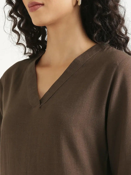 Women Dark Brown Flowy Linen A-Line Long Kurta