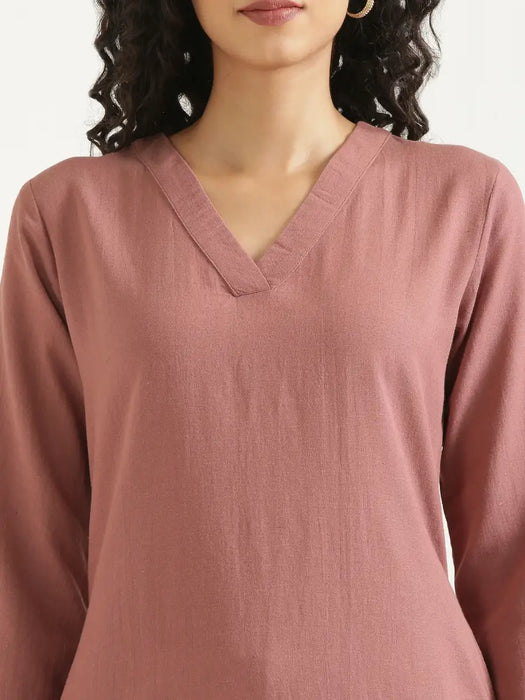 Women Rose Taupe Flowy Linen Kurta Set