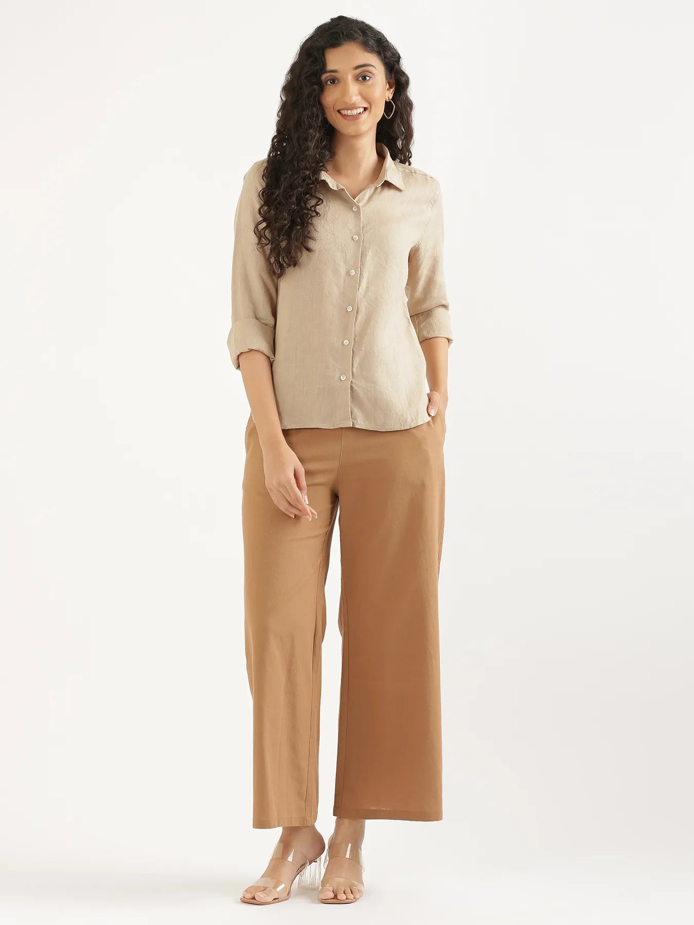 Women Taupe Pure Linen Shirt
