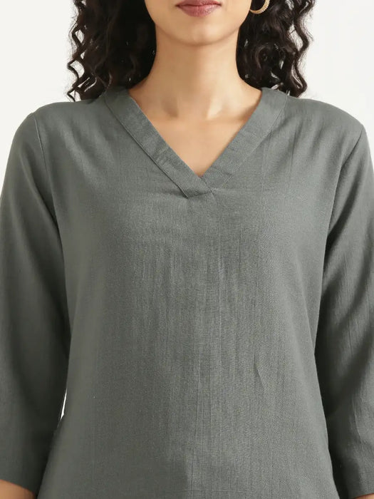 Women German Grey Flowy Linen Kurta Set
