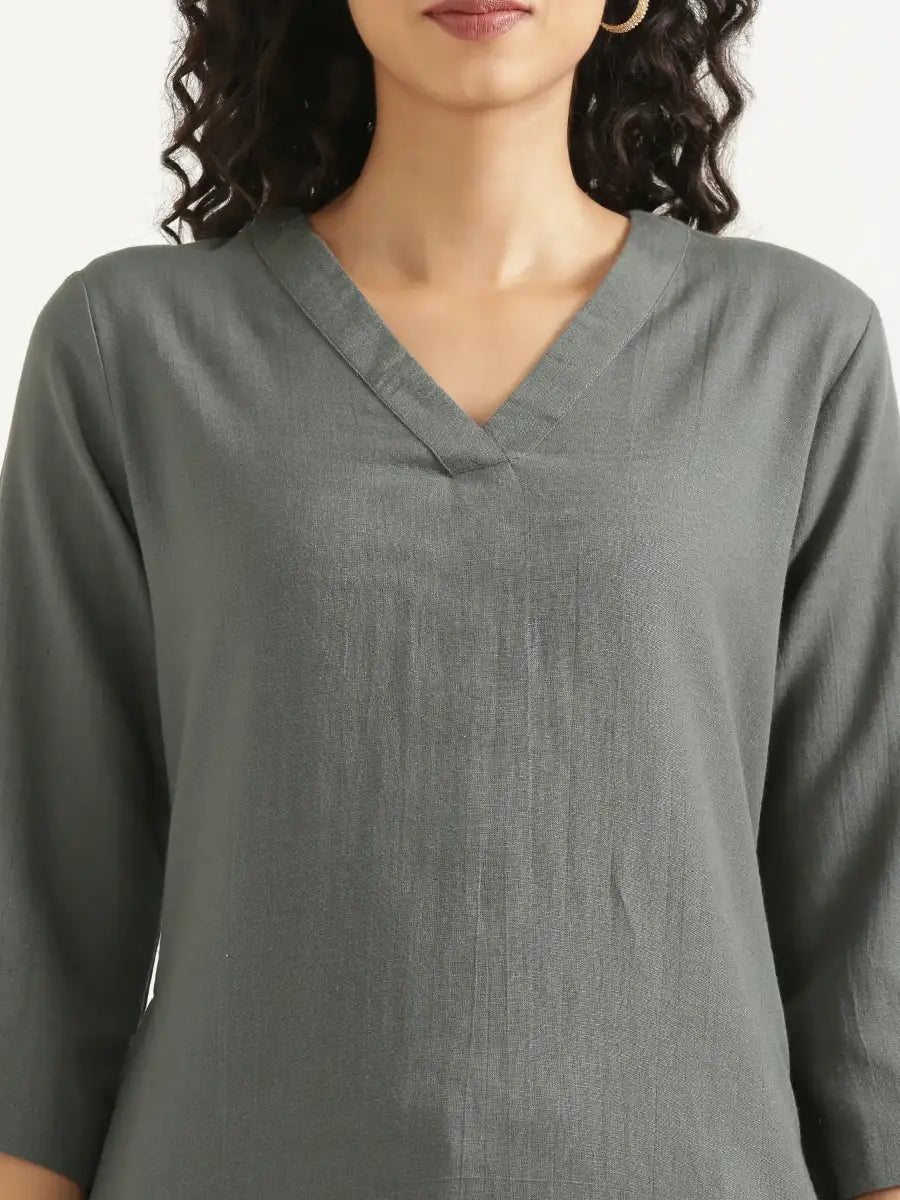 Women German Grey Flowy Linen Kurta Set
