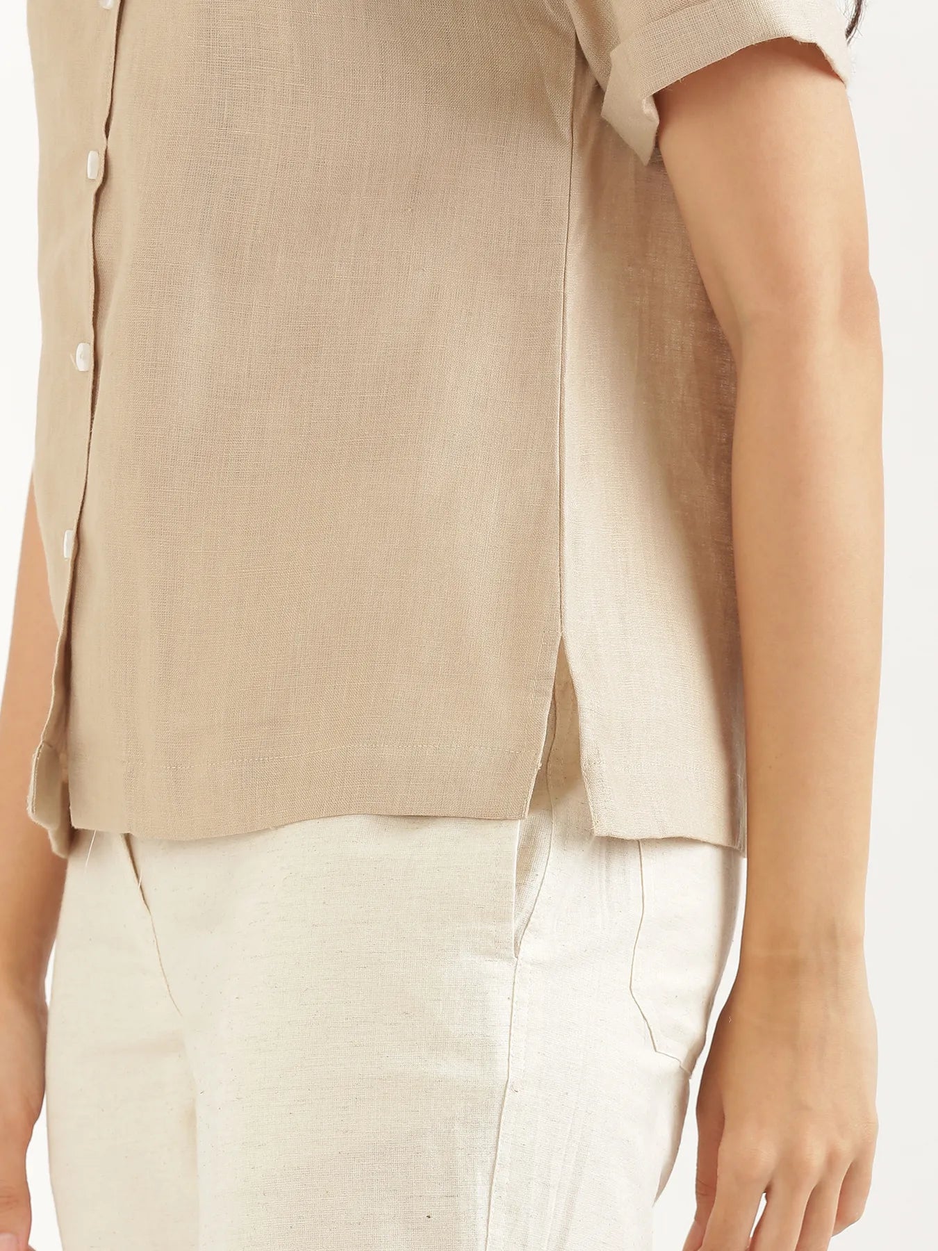 Women Taupe Pure Linen Notch Collar Shirt