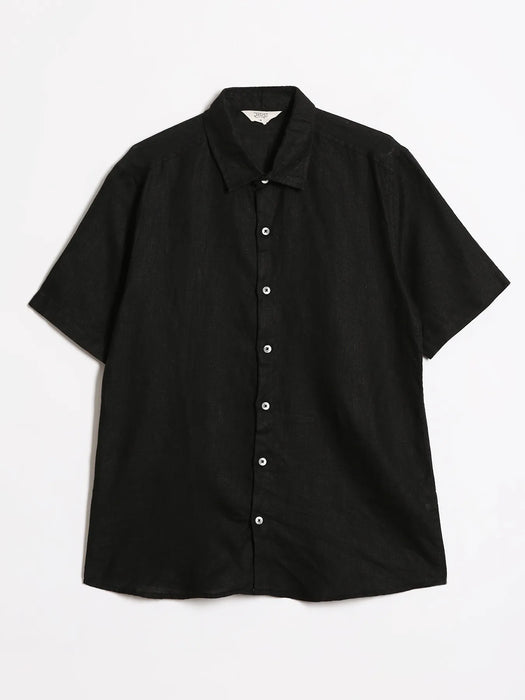 Men Black Pure Linen Short Sleeve Shirt