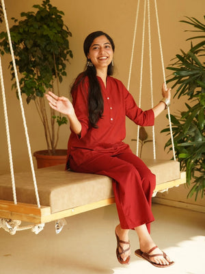 Maroon Airy Linen Short Kurta Co-ord Set
