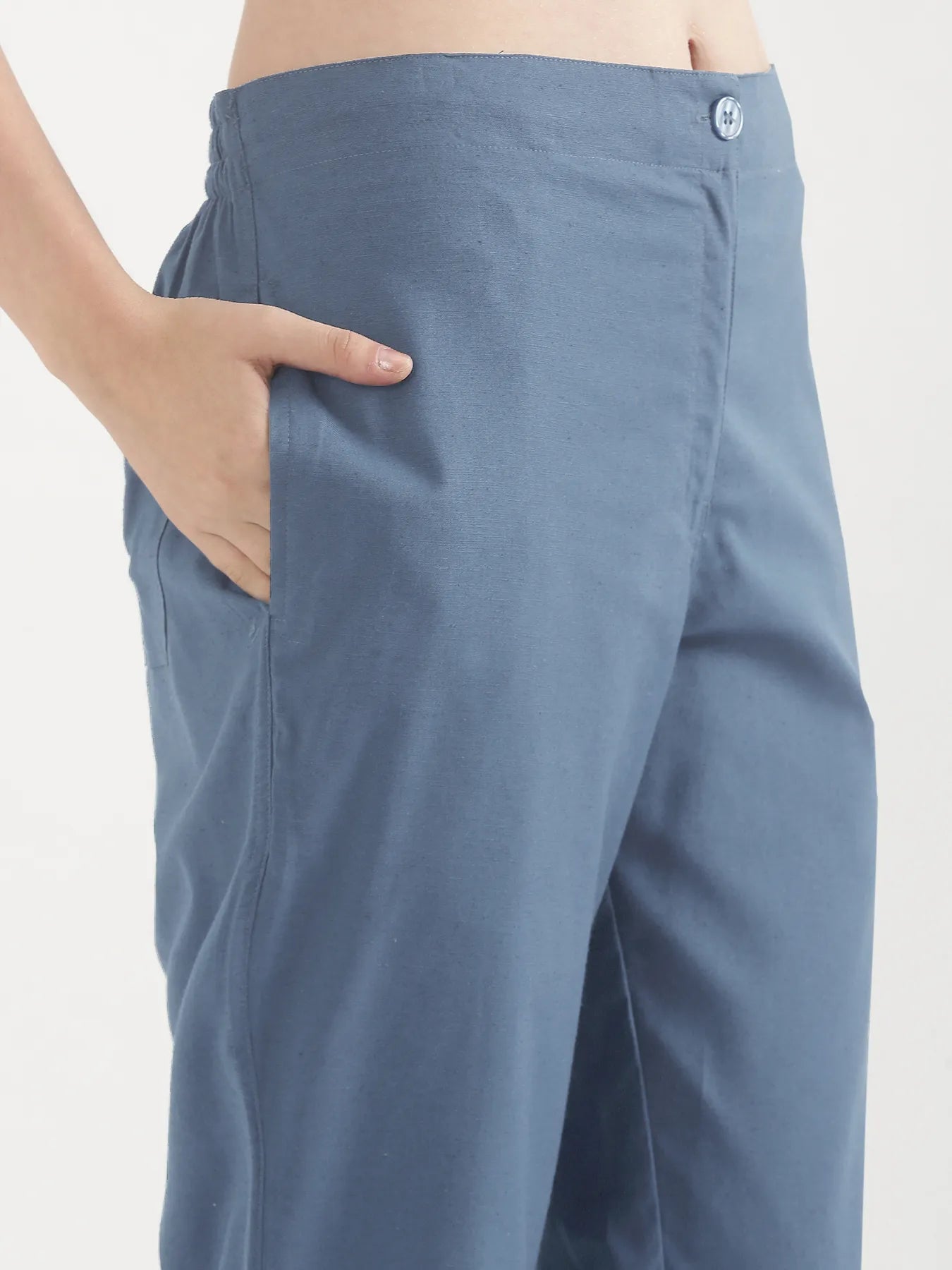 Women English Blue Airy Linen Straight Pants