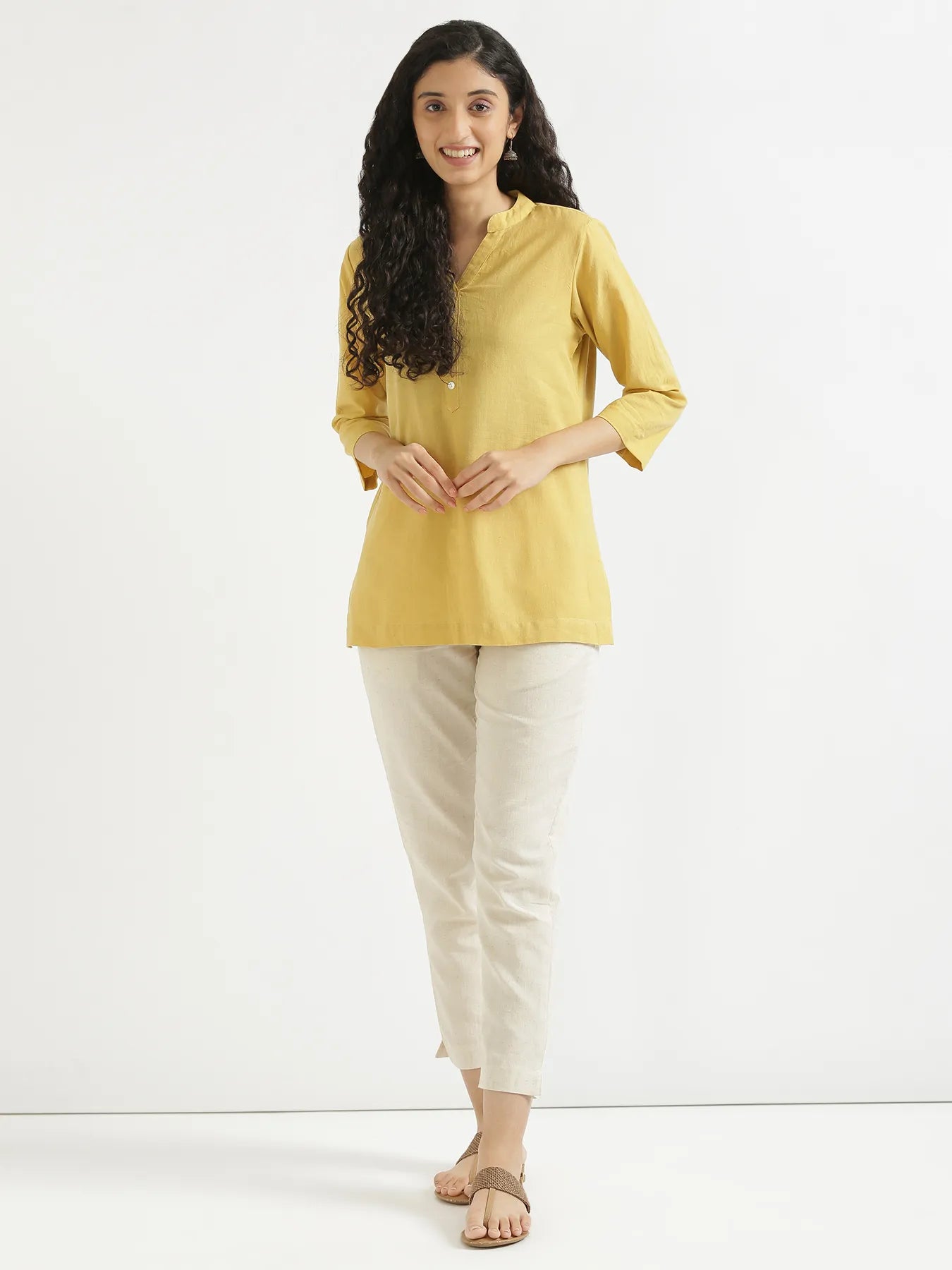 Women Yellow Airy Linen Short Kurta & Beige Cotton Pant Set