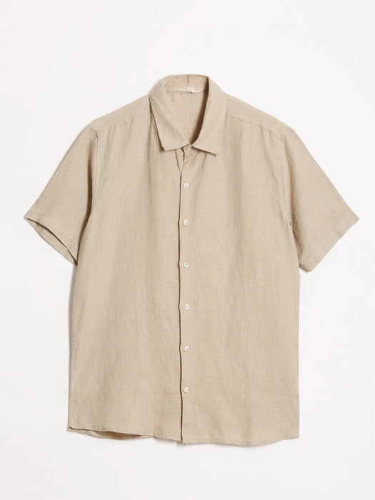 Men Taupe Pure Linen Short Sleeve Shirt